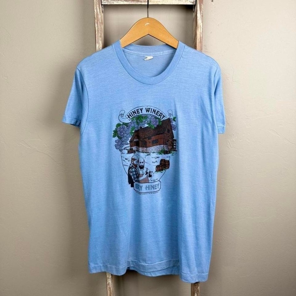Vintage 80s USA Screen Stars Hiney Winery Blue Single Stitch T‎ Shirt L